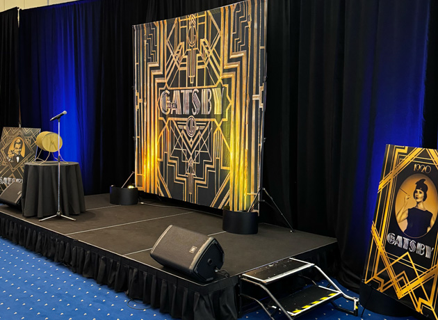 Great Gatsby 1920’s Gold Entrance rental Casino Royale Themed Decorations rental and Props - Fun Event Party Kings in Vancouver BC. James bond party decorations | bond red crpet entrance Great Gatsby 1920’s casino party rental hire...
